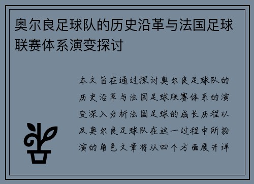 奥尔良足球队的历史沿革与法国足球联赛体系演变探讨