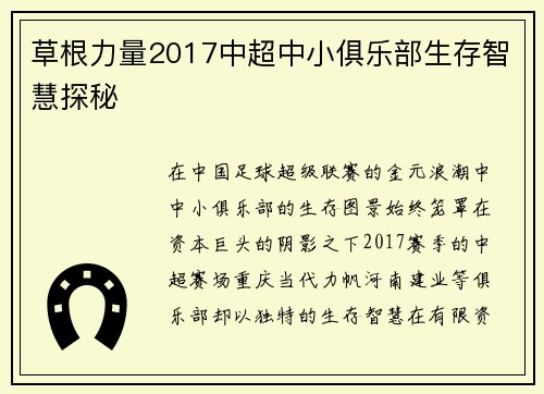 草根力量2017中超中小俱乐部生存智慧探秘
