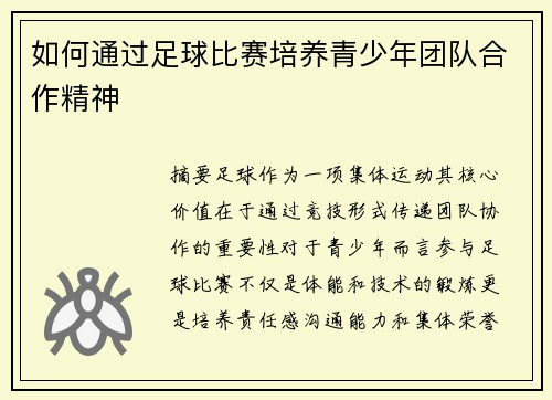 如何通过足球比赛培养青少年团队合作精神